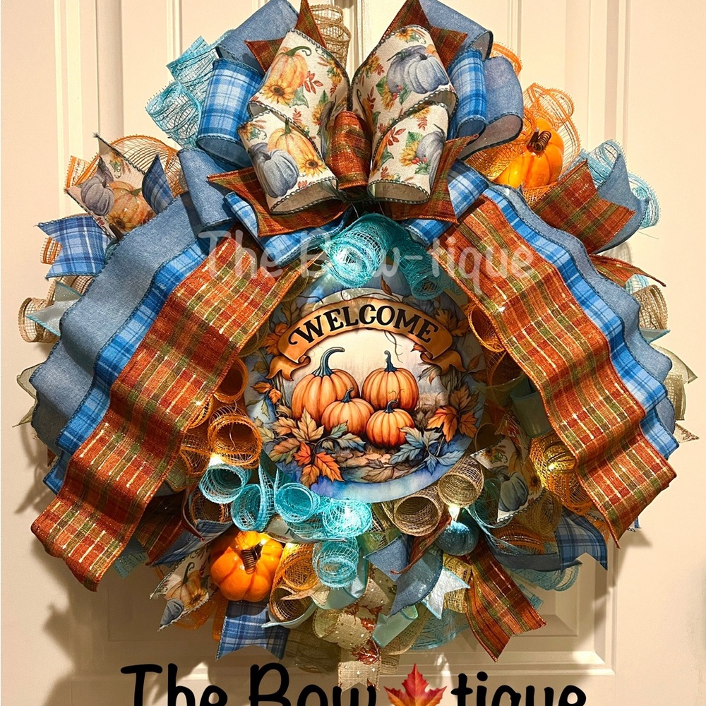 Handmade Fall Autumn Blue Thanksgiving Ribbon Welcome Door Wreath Leaf 22 in LED